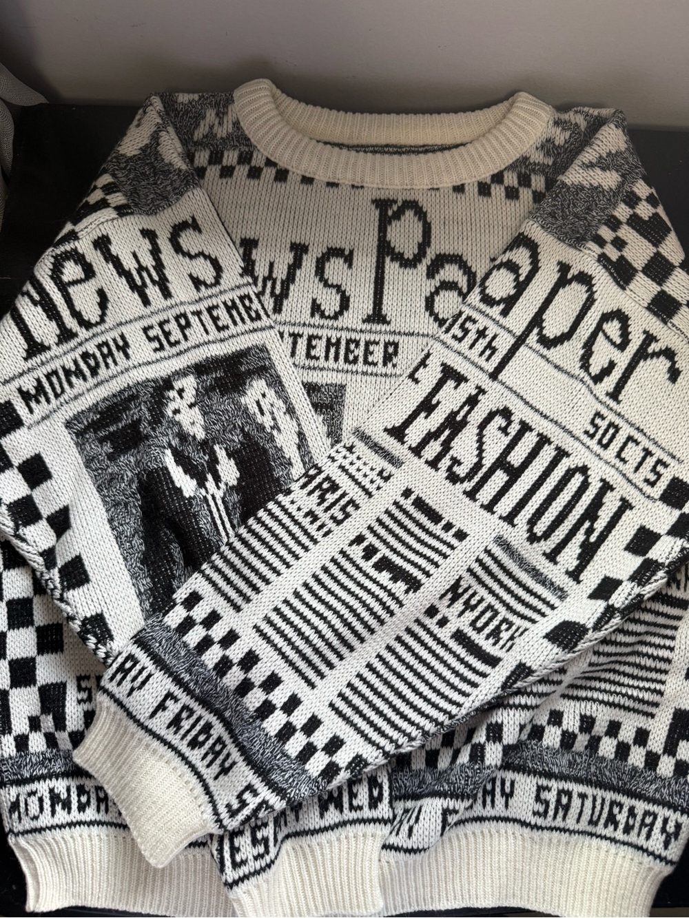 Graphic Newspaper-Print Crewneck Sweater - Black & Cream